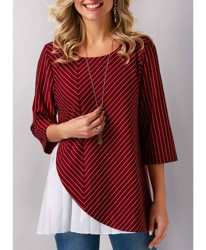 Pleated Wine Red Three Quarter Sleeve Blouse